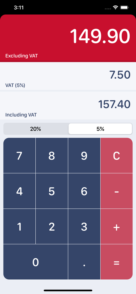 UK VAT Calculator app interface showing a calculation using the 5 percent reduced tax rate