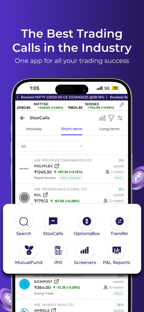 Panel de la aplicación StoxBox mostrando recomendaciones de trading de StoxCalls para el mercado de valores indio
