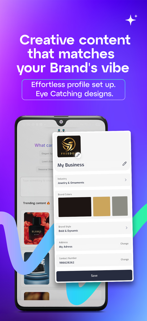 Wizad: AI Posters and Videos - La pantalla de configuración del perfil de empresa de la aplicación Wizad que muestra los colores de la marca y la selección de la industria.