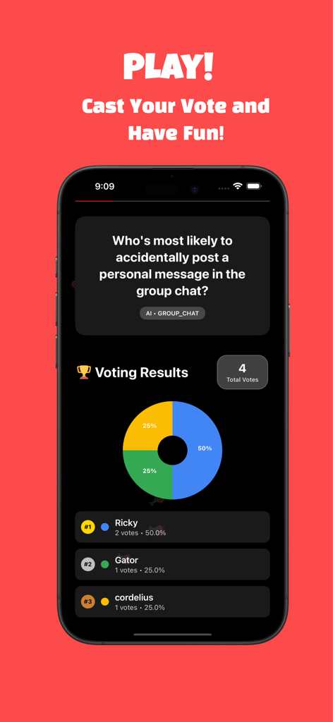 Pick'd - The Social Party Game - Voting results screen in the Pickd app showing player rankings and a pie chart for a social prompt.