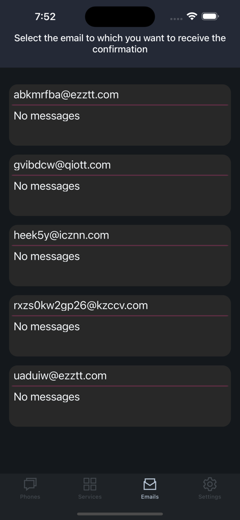 Una lista de direcciones de correo electrónico temporales disponibles para la verificación de cuentas en la aplicación móvil SMS y Email Confirm.