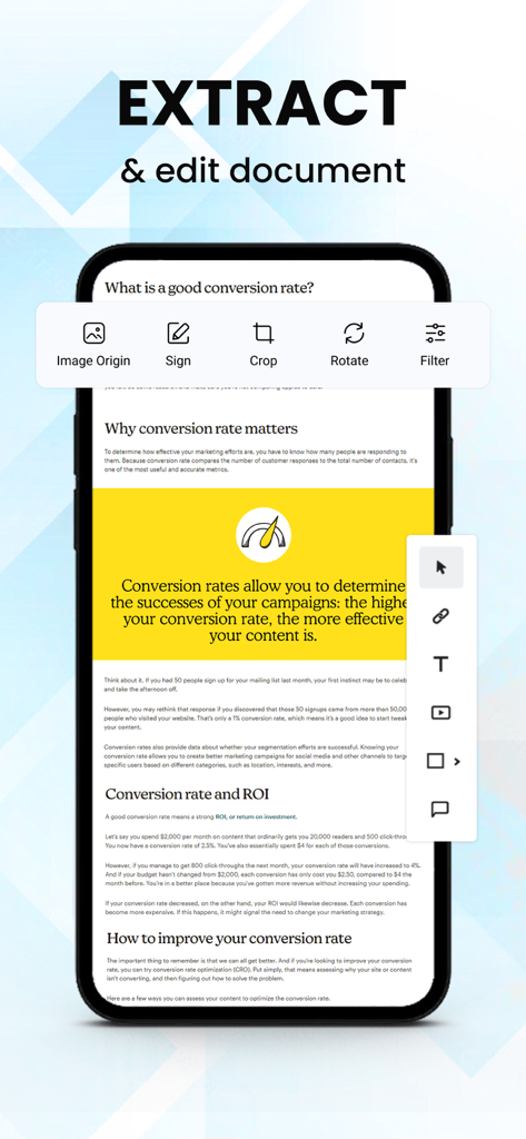 Scanner App: Scan All Document - Interface do aplicativo móvel para extrair e editar documentos com opções para assinar, cortar e filtrar