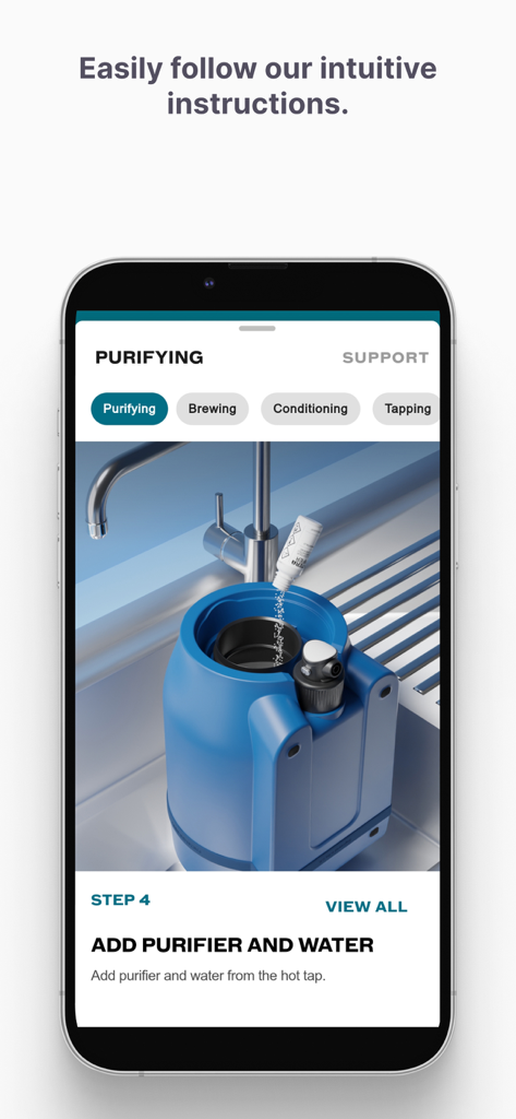 Pinter App - Una schermata dello smartphone che mostra la guida passo-passo dell'app Pinter per aggiungere il purificatore e l'acqua al dispositivo di produzione.