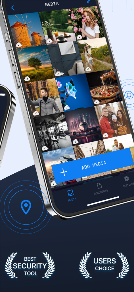 Photo Vault - SmartSafe - Interfaz de la aplicación SmartSafe mostrando una cuadrícula de fotos protegidas y un botón para añadir medios con insignias de herramientas de seguridad.