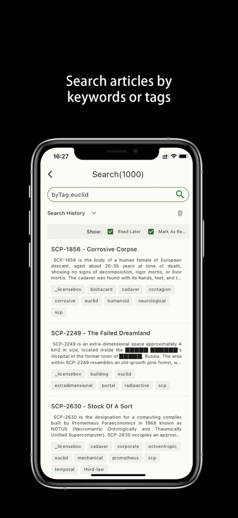 Only SCP - Interfaz de la aplicación Only SCP mostrando una búsqueda de artículos por la etiqueta Euclid con varios resultados mostrados.