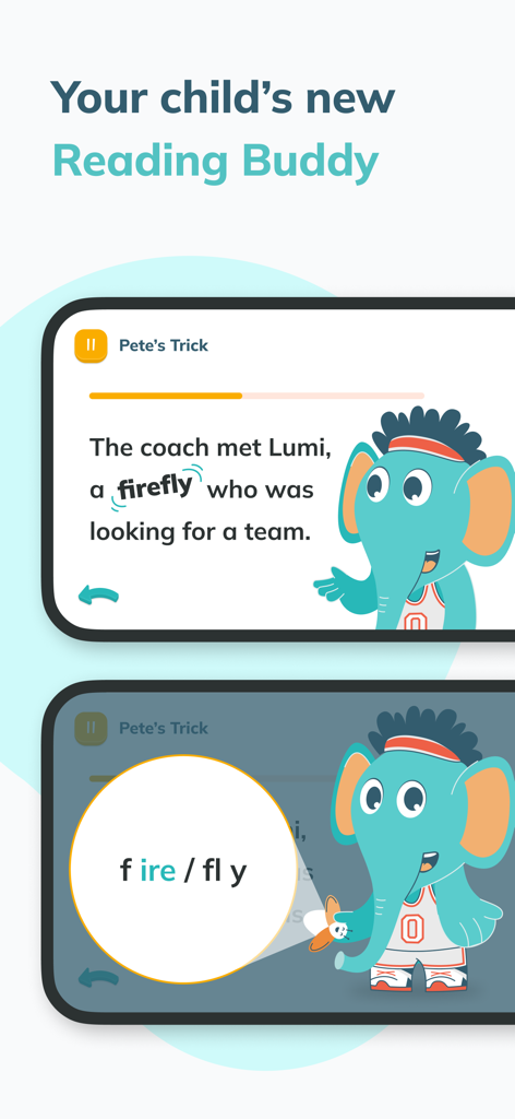 Read with Ello app interface showing an AI elephant reading buddy and phonics word decoding.