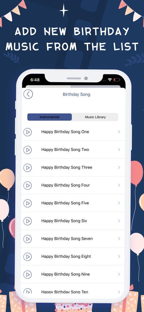 Birthday Video Maker Music - Mobile app interface showing a list of happy birthday music tracks to add to a video.