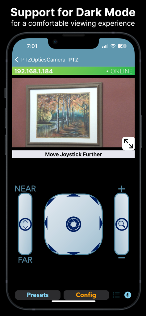 PTZControl Pro 2 by PTZOptics™ - PTZControl Pro 2 app interface in dark mode featuring live video preview and PTZ joystick controls