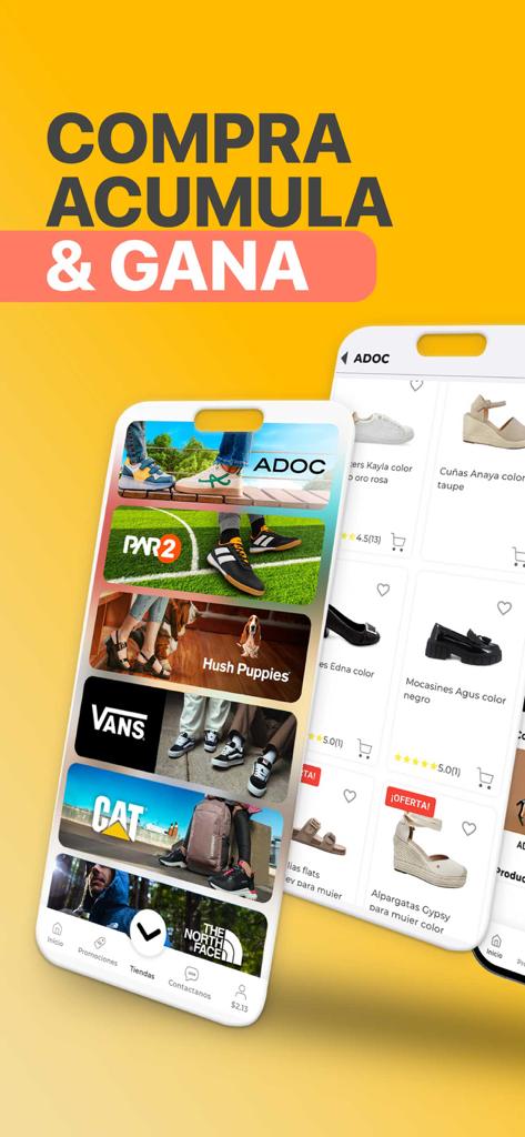 Puntos ADOC - Mobile app interface of Puntos ADOC showing shoe brands and product catalog