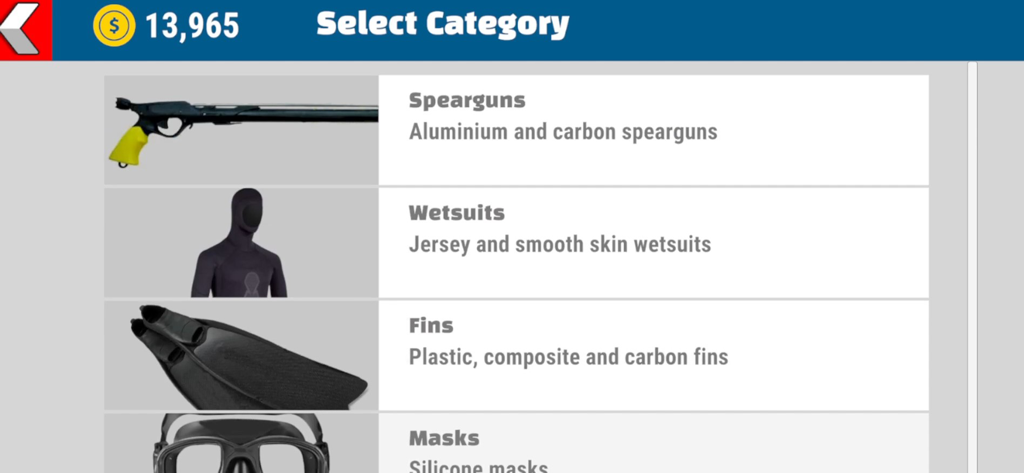 Spearfishing Simulator - Equipment selection menu for spearguns wetsuits fins and masks in Spearfishing Simulator