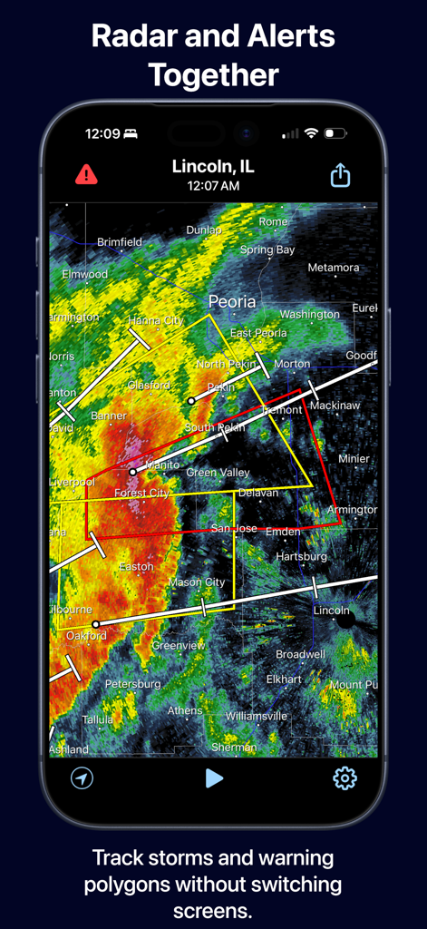 Radar Pro X - Radar Pro X app interface showing NEXRAD radar and storm warning polygons over Peoria