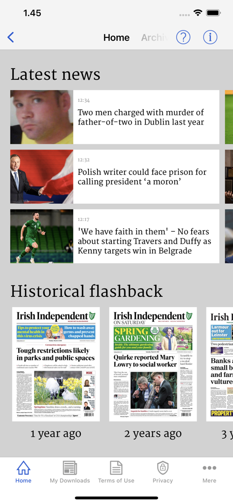Irish Independent ePapers - Irish Independent ePapers home screen showing latest news headlines and historical newspaper archives