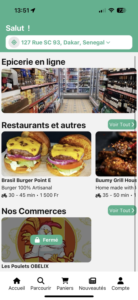 Bring Me Sénégal - Bring Me Senegal mobile app interface showing online grocery and restaurant delivery options in Dakar