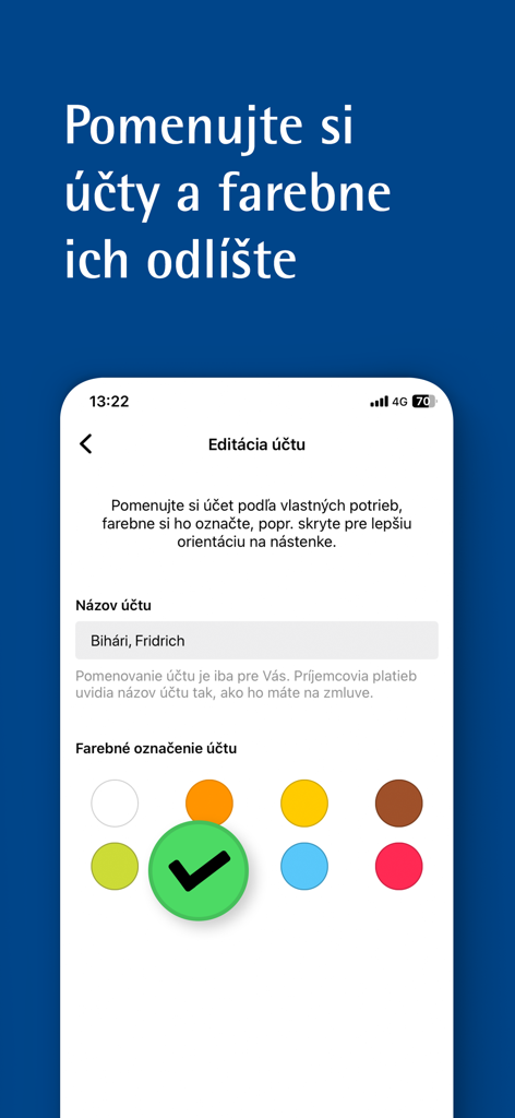 Interface do aplicativo Fio Smartbanking mostrando edição de conta com opções para alterar o nome da conta e selecionar um rótulo de cor personalizado