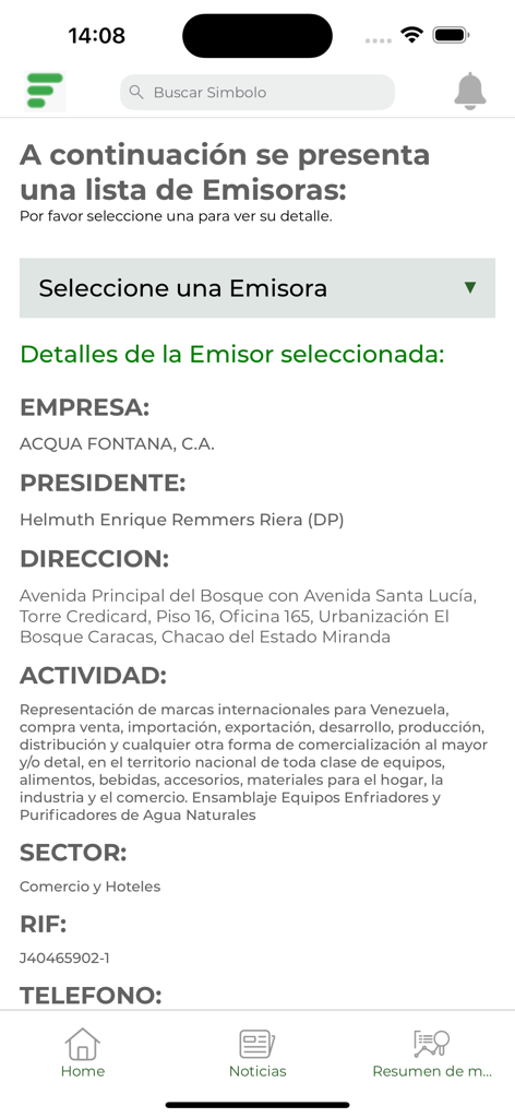 BVC Móvil - Pantalla de la aplicación BVC Movil que muestra información detallada de un emisor de acciones específico, incluido el nombre de la empresa, presidente, dirección y sector.
