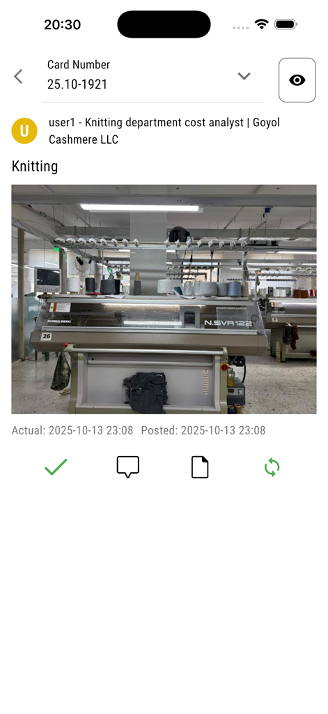 Obortech Smart Hub App-Oberfläche, die einen Textilproduktionsbericht mit einem Foto einer industriellen Strickmaschine zeigt