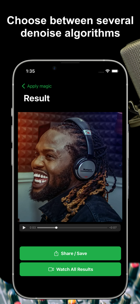 ByeNoise - Video Audio Editor - Captura de pantalla de la aplicación ByeNoise mostrando una página de resultados de video con un hombre usando auriculares y botones de compartir/guardar