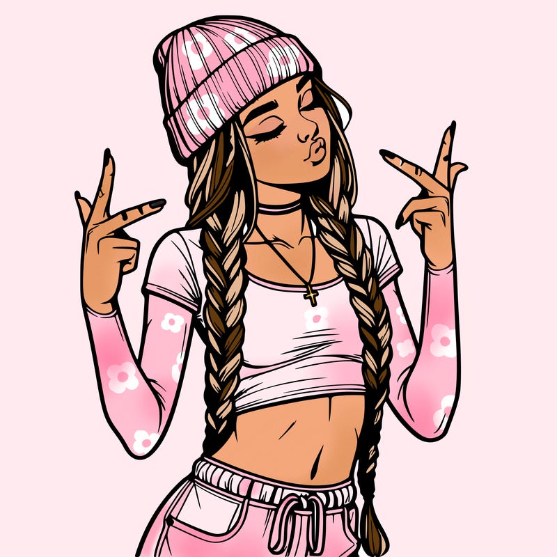 realistic teenage girl with braids and a beanie and crop top doing 🫶🏼