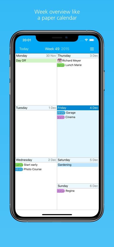 Easy Calendar app interface showing a clear weekly schedule overview on a smartphone.