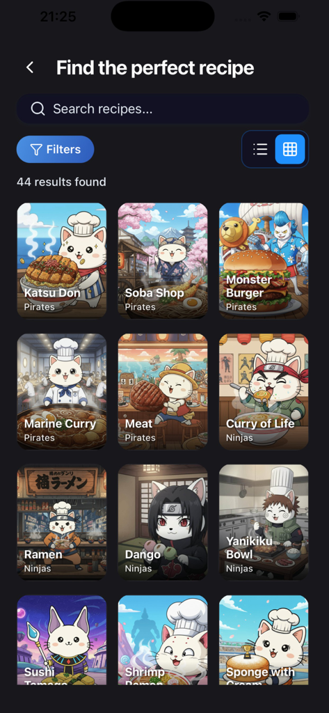 Japanese Food Anime: Cookbook - App screen showing a grid of anime-inspired Japanese recipes like Ramen and Sushi with cute cat character illustrations