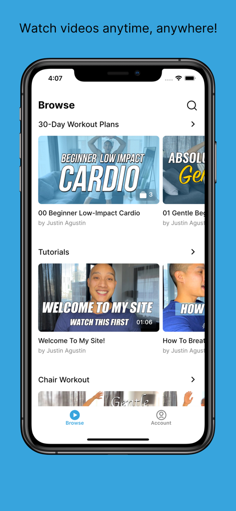 Justin Agustin Fitnessモバイルアプリのインターフェース。初心者向けの低負荷カーディオやチュートリアルのカテゴリを表示。