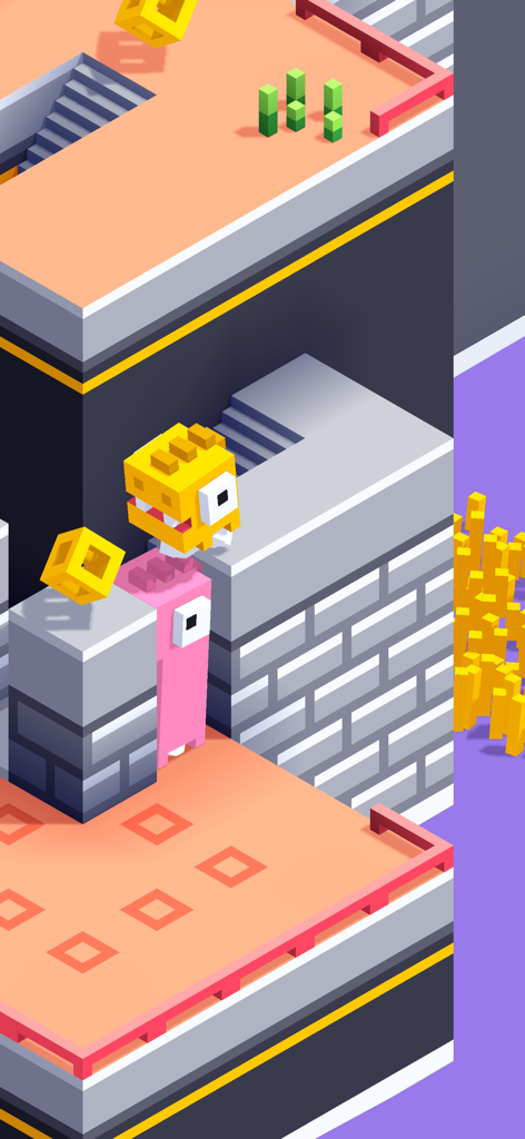 Dino Bros - A yellow dinosaur character standing on a pink dinosaur character to reach a higher level in a voxel-style puzzle game