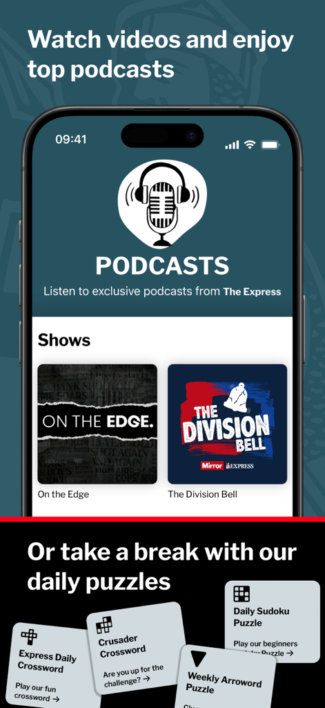 Die Benutzeroberfläche der Daily Express App präsentiert exklusive Podcasts und eine Vielzahl täglicher interaktiver Rätsel wie Kreuzworträtsel und Sudoku.