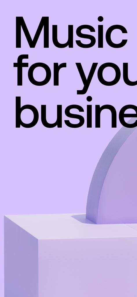 Promotional text reading Music for your business on a minimalist purple background with geometric shapes