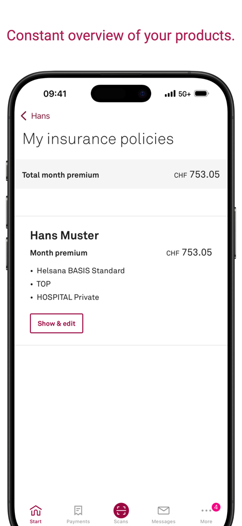 myHelsana - Screenshot of the myHelsana app showing a user insurance policies and monthly premium details
