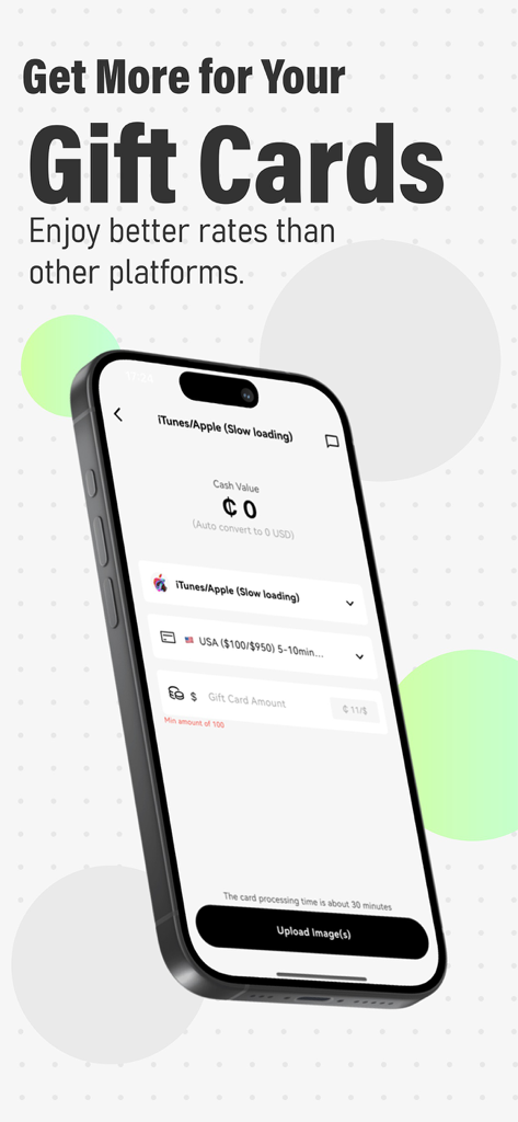 Pantalla de la aplicación móvil CardWaka que muestra opciones para vender tarjetas de regalo iTunes y Apple por efectivo a tasas competitivas.