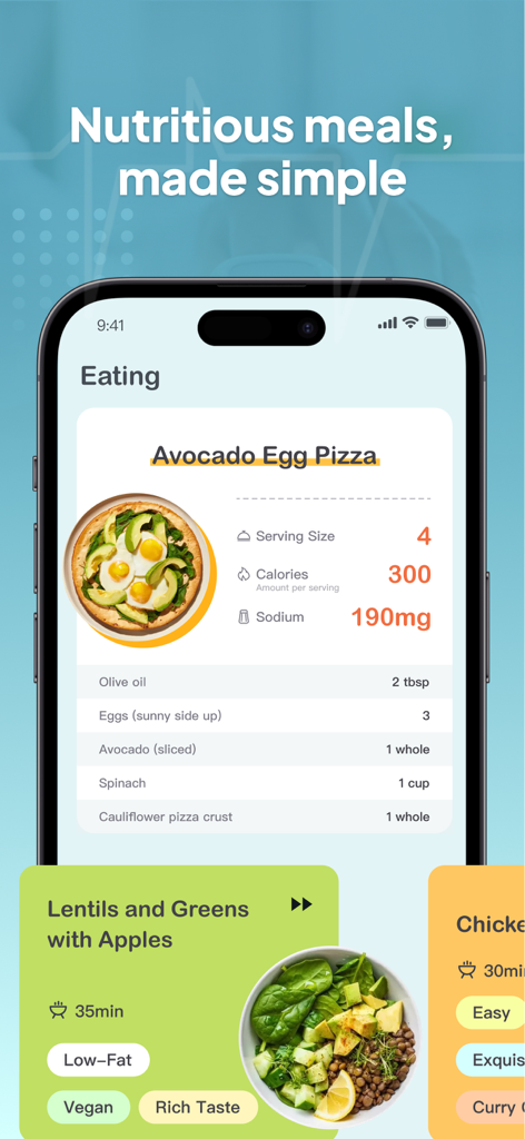Nutritious meal suggestions with sodium and calorie tracking for heart health management
