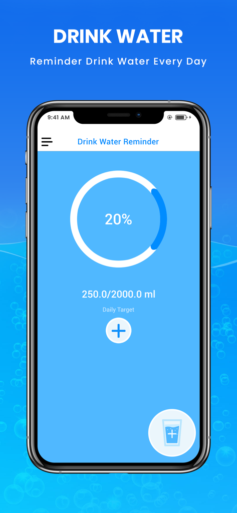 Drink Water Reminder : H2O - Drink Water Reminder app screen displaying daily hydration progress circle at 20 percent