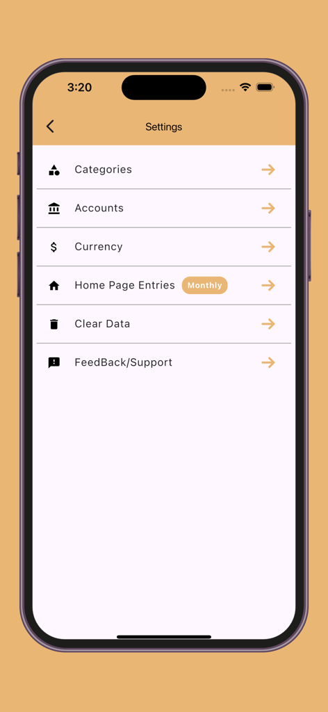 My Expense Manager and Tracker - The settings menu of the My Expense Manager and Tracker app displaying options for categories, accounts, and currency.
