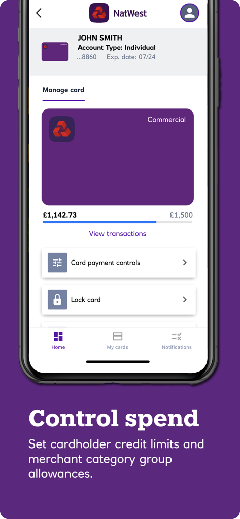 NatWest ClearSpend app interface showing card management options including lock card and payment controls for a commercial account