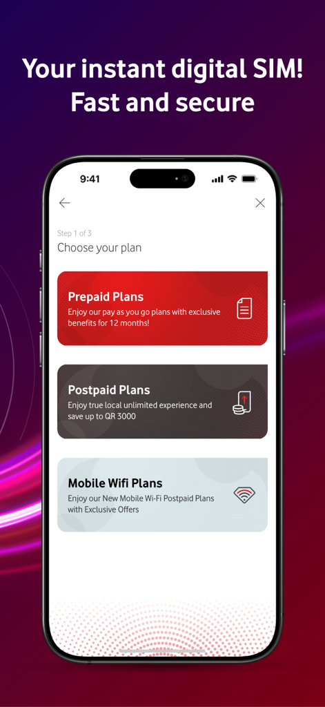 My Vodafone Qatar app plan selection screen showing options for prepaid postpaid and mobile wifi plans