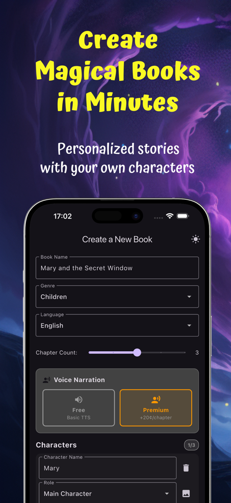 AI Book Generator - A mobile app interface for AI Book Generator showing fields to customize a new storybook including title, genre, and character names