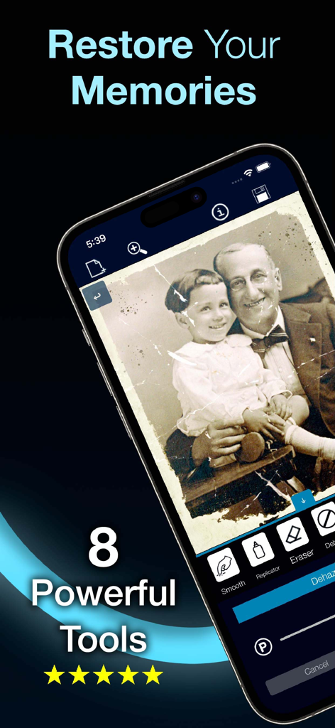 Damaged Photo Restore Suite - Benutzeroberfläche der Damaged Photo Restore Suite-App, die ein rissiges Vintage-Foto zeigt, das mit professionellen Werkzeugen auf einem Smartphone repariert wird