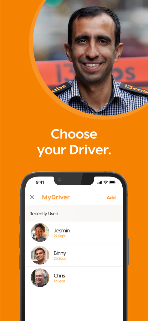 Screenshot der mobilen 13cabs-App, der die MyDriver-Funktion und die Option zur Auswahl eines bevorzugten Fahrers aus einer Liste zeigt