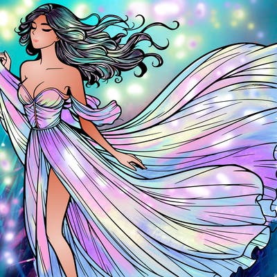 realistic woman in dress flowing the the wind