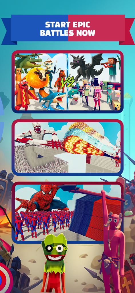 Screenshots of epic battle scenarios featuring custom units and mods for TABS simulator