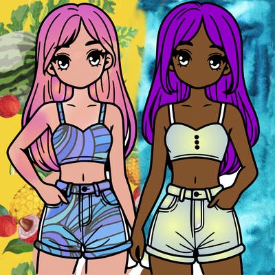 two sisters with crop tops and jean shorts and straight hair