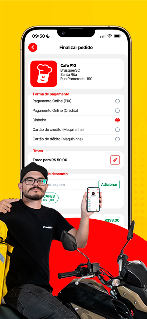 Schermata mobile dell'app Pedidos10 con opzioni di checkout e pagamento e un corriere in sella a una moto