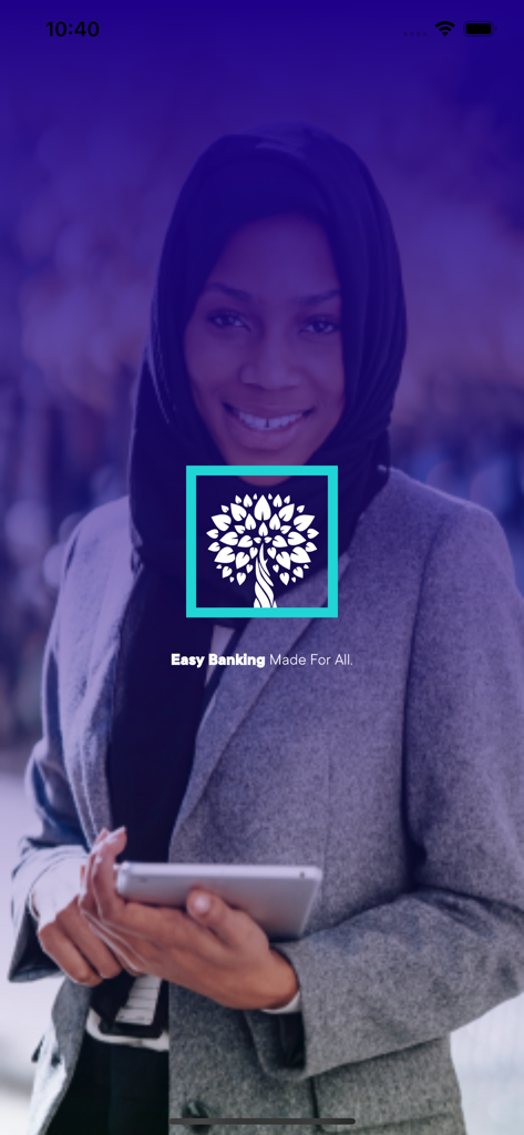 Lotus Bank App - Lotus Bank App splash screen featuring the bank logo and a woman in a hijab holding a tablet