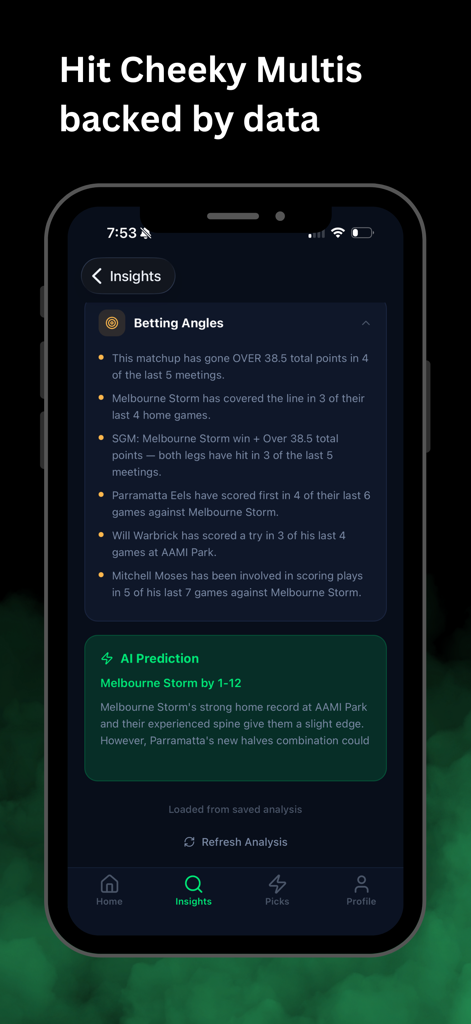 PuntAI: Aussie Sport Analytics - Mobile interface of PuntAI app displaying betting angles and AI-powered match predictions for Australian sports.