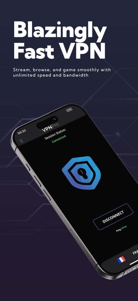 VPN Pro – Fast & Secure Proxy - iPhone screen displaying VPN Pro app with a connected status and shield icon