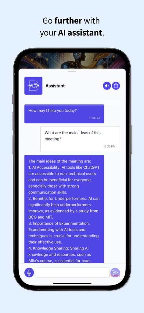 Dicte: AI Meeting Assistant - Écran de smartphone montrant l'assistant IA Dicte résumant les idées principales d'une réunion dans une interface de chat