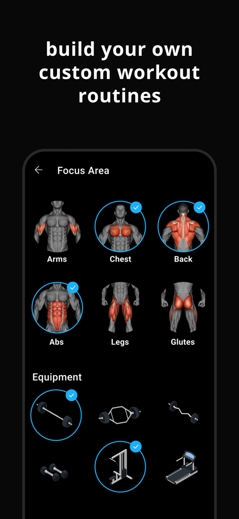 A mobile interface for building custom workout routines in the Lyfta app, showing options to select muscle groups like chest and back and various gym equipment.
