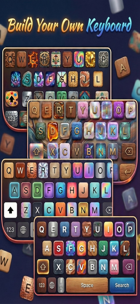 DIY Keyboard: Fonts & Themes - Exhibición de múltiples diseños de teclado personalizados con diferentes texturas y colores, incluyendo estilos de neón, madera y cristal