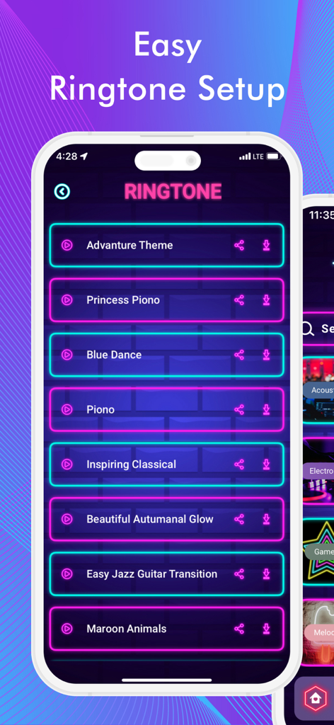 Ringtone Maker & Audio Editor - iPhone screenshot showing a library of custom ringtones with a neon interface and easy setup guide