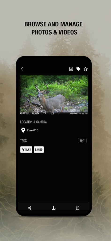 SPYPOINT - Smartphone screen showing the SPYPOINT app interface with a captured photo of a deer and BUCK TRACKER AI tags.